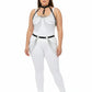 Plus-size black chain-swag collar and waist harness set worn over a white bodysuit with silver chains