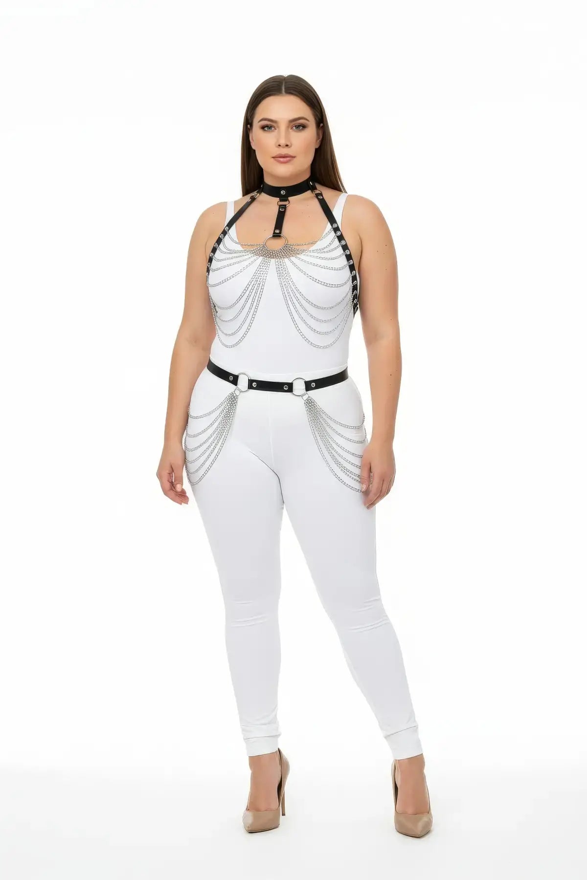 Plus-size black chain-swag collar and waist harness set worn over a white bodysuit with silver chains