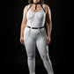 Plus size black chain-swag collar & waist harness set with silver chains draped on a model wearing white bodysuit
