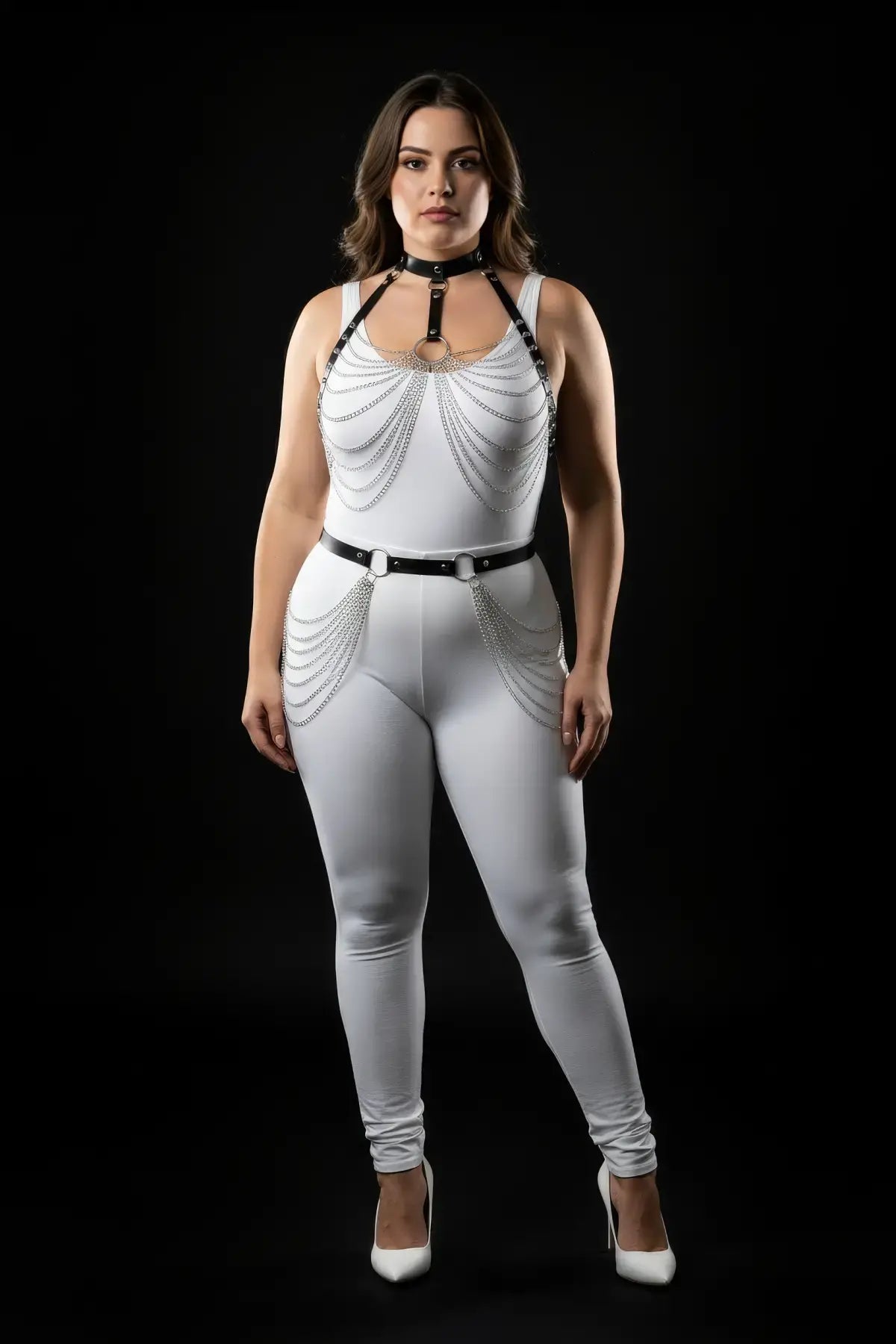 Plus size black chain-swag collar & waist harness set with silver chains draped on a model wearing white bodysuit