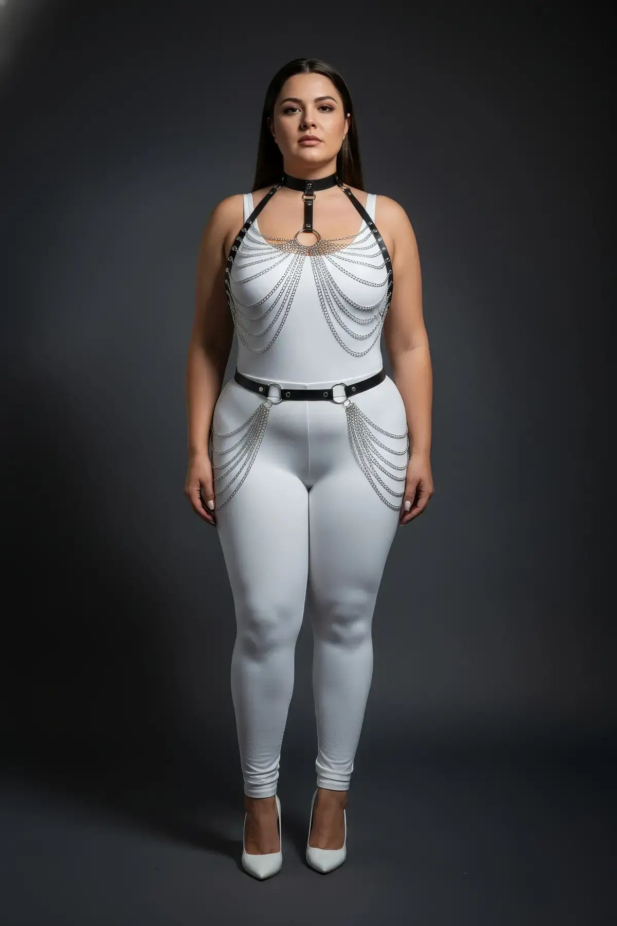 Plus-size black chain-swag collar and waist harness; vegan leather by HarnessClub