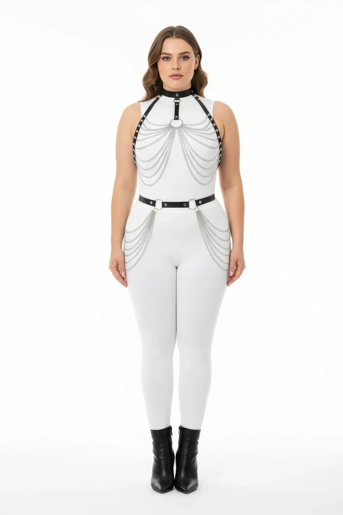 Plus-size black vegan leather Chain-Swag collar & waist harness set with silver chains on a white bodysuit