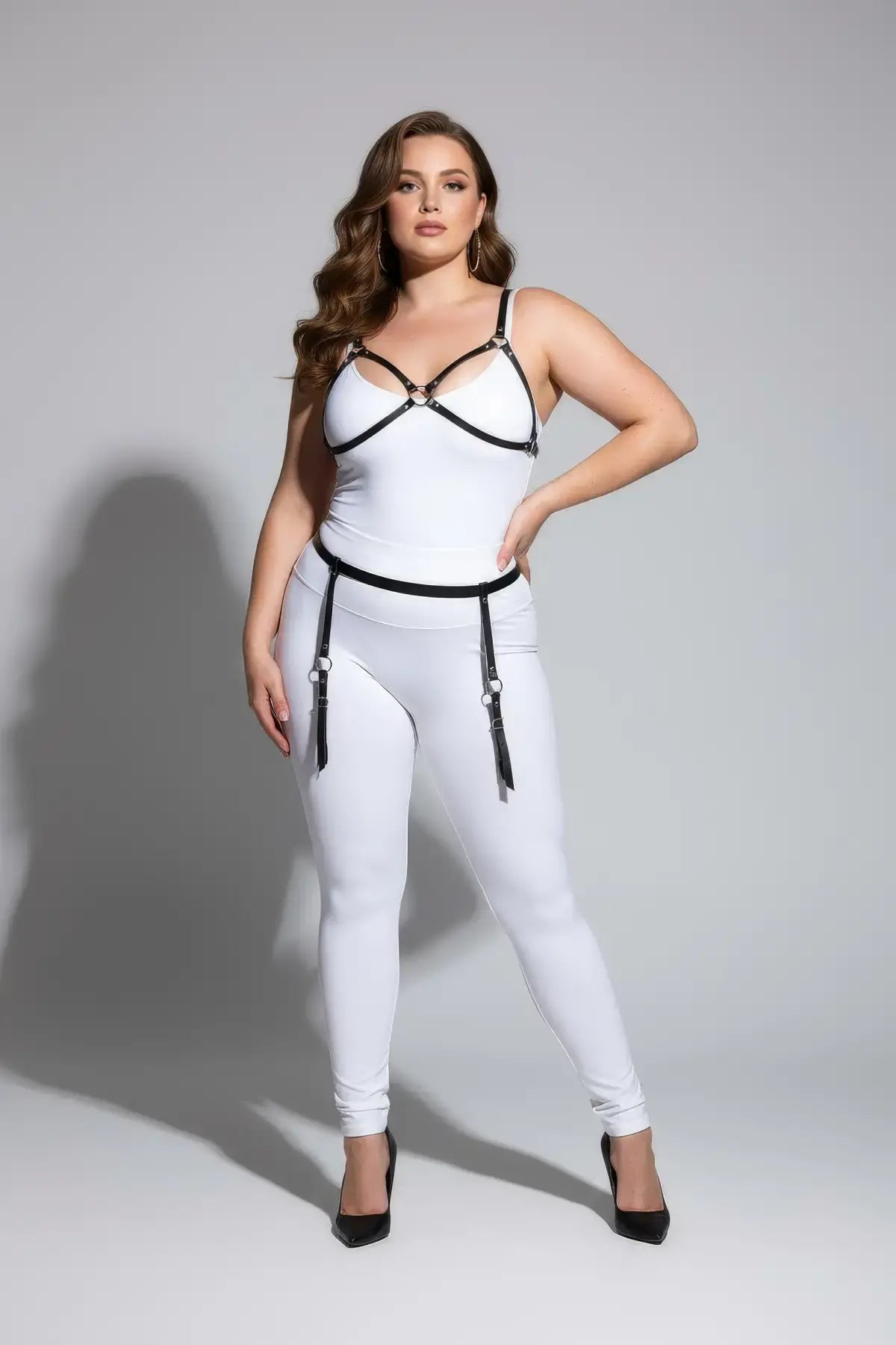 Plus-size black vegan leather chest harness and garter belt set by HarnessClub