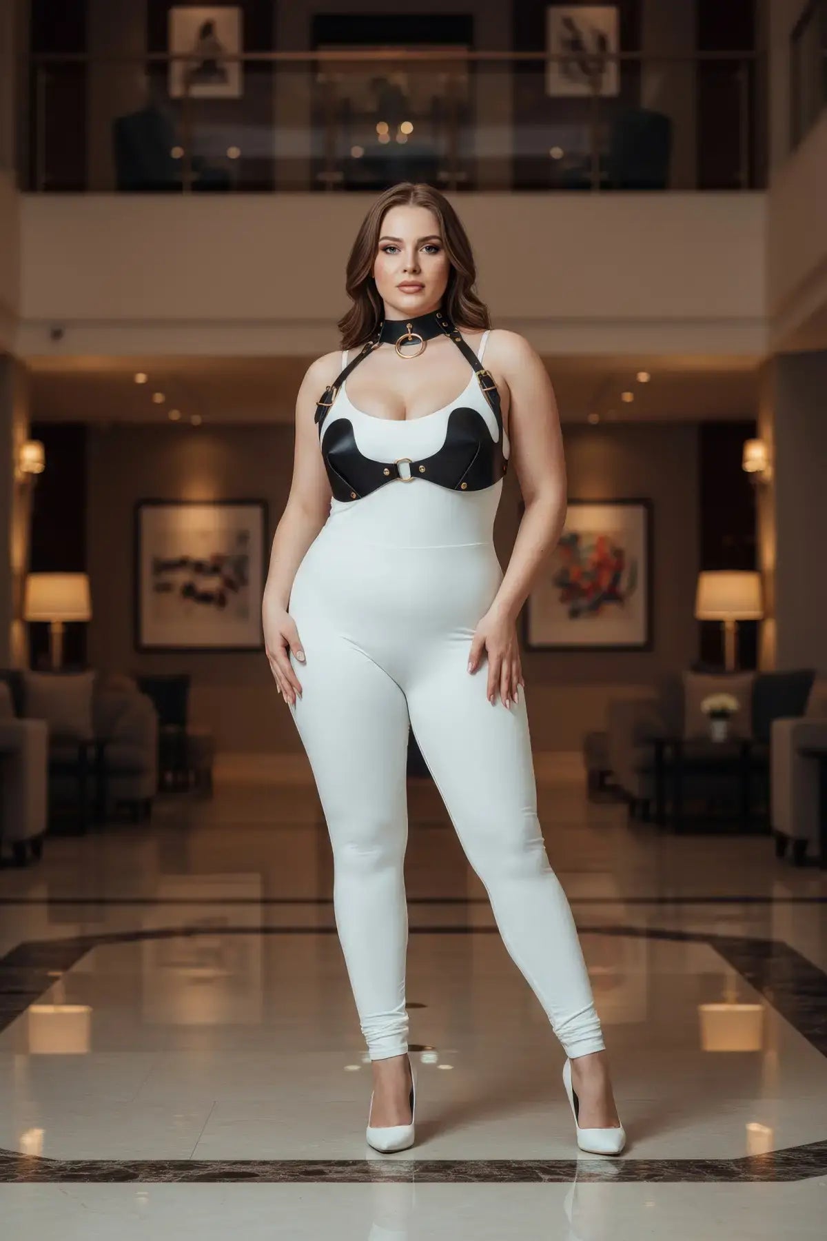Plus-size black faux leather chest harness and choker set (2 pieces) worn over white bodysuit.
