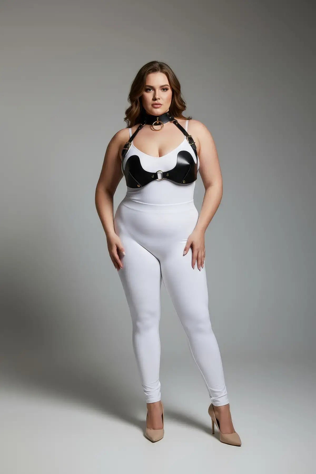 Plus-size black chest harness and choker two-piece set by HarnessClub; faux leather body accessory.