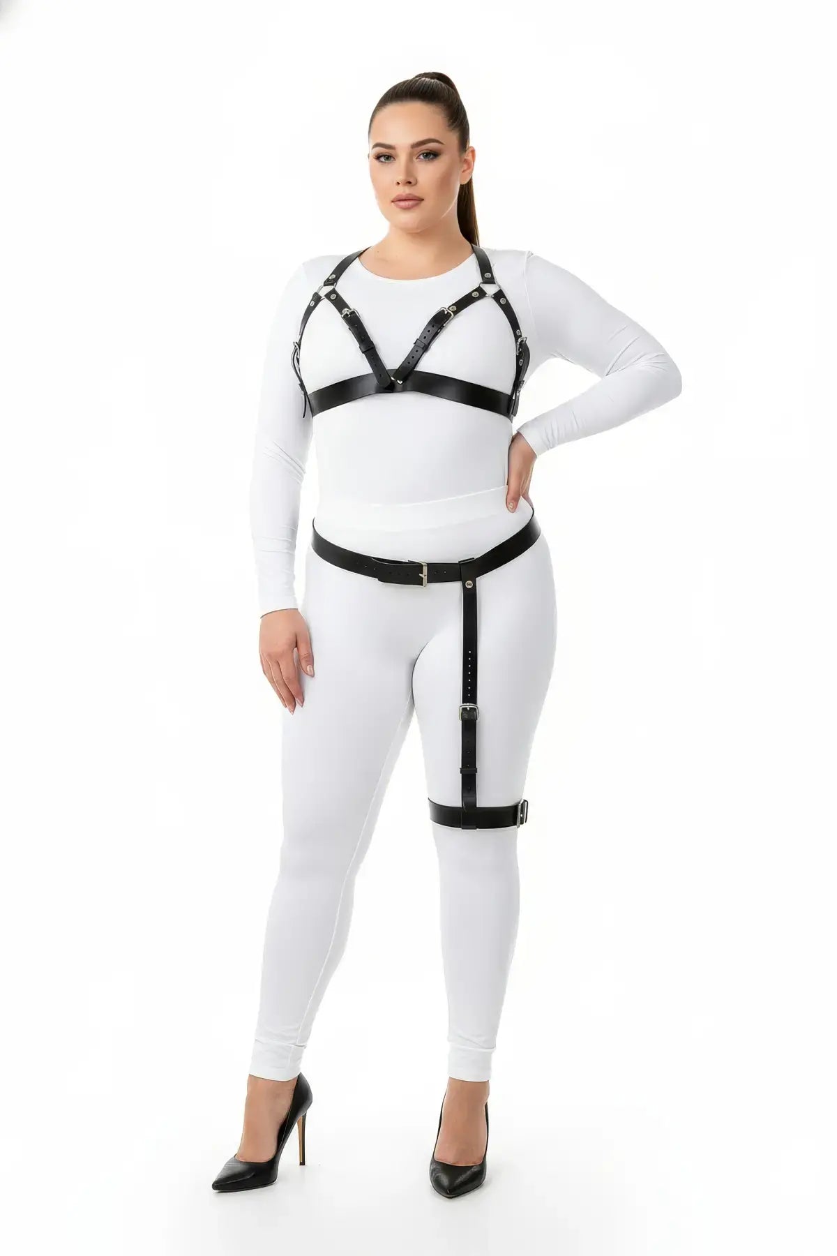 Plus-size black vegan leather chest harness and single-leg garter set, 2-piece by HarnessClub