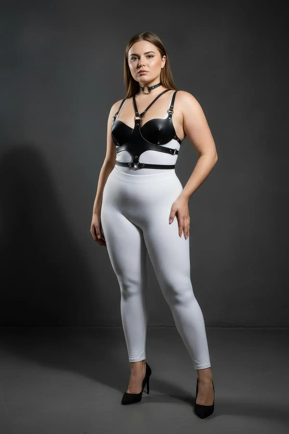 Plus-size black choker and chest harness set, 2-piece faux leather body accessory.