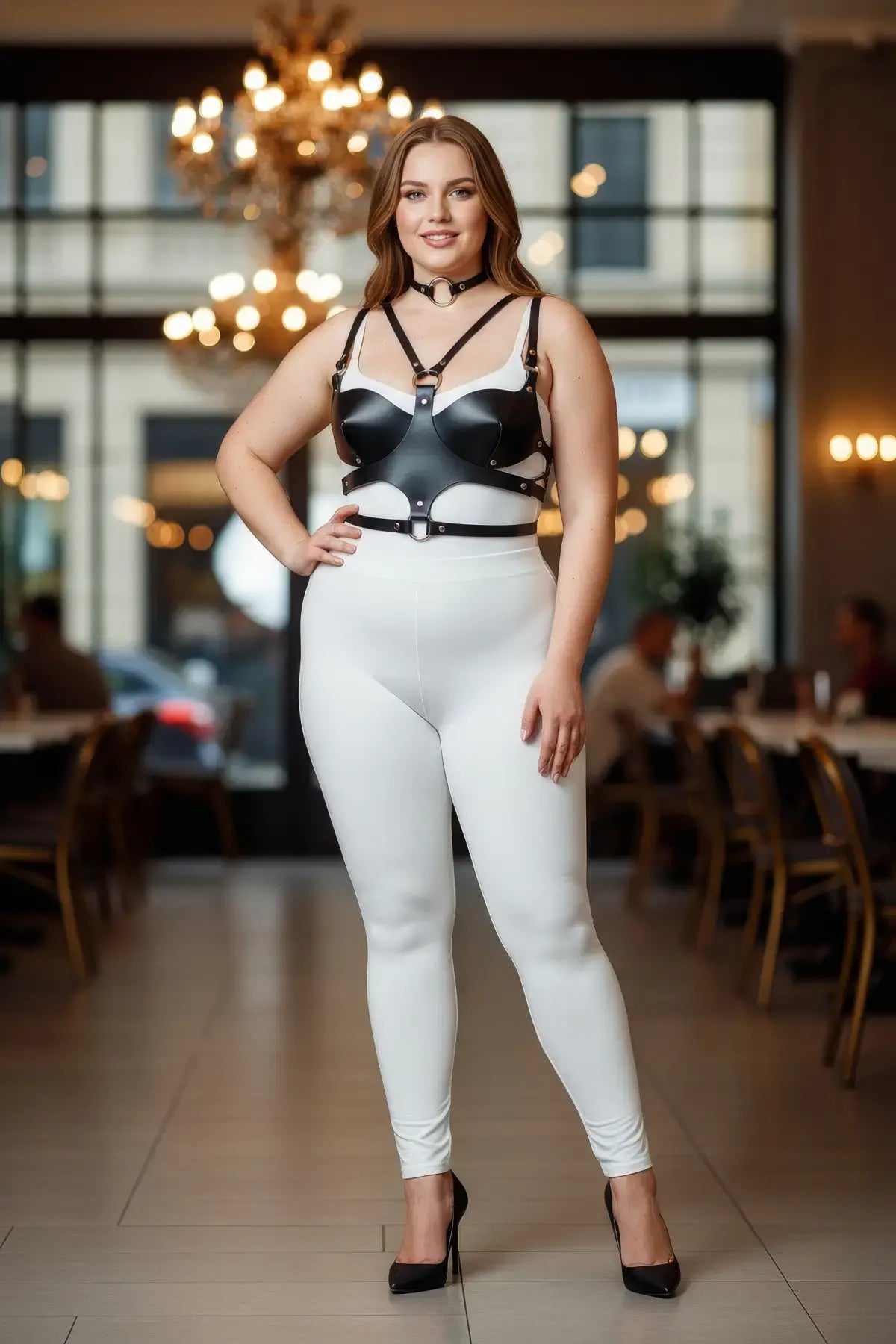 HarnessClub plus-size choker and chest harness set in black faux leather, shown on model