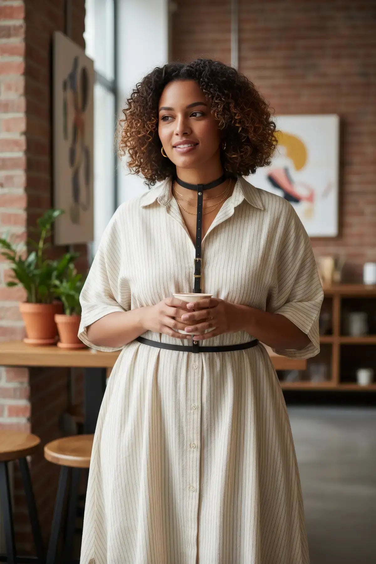 Plus-size black vegan-leather choker and waist belt harness worn over a beige striped dress.