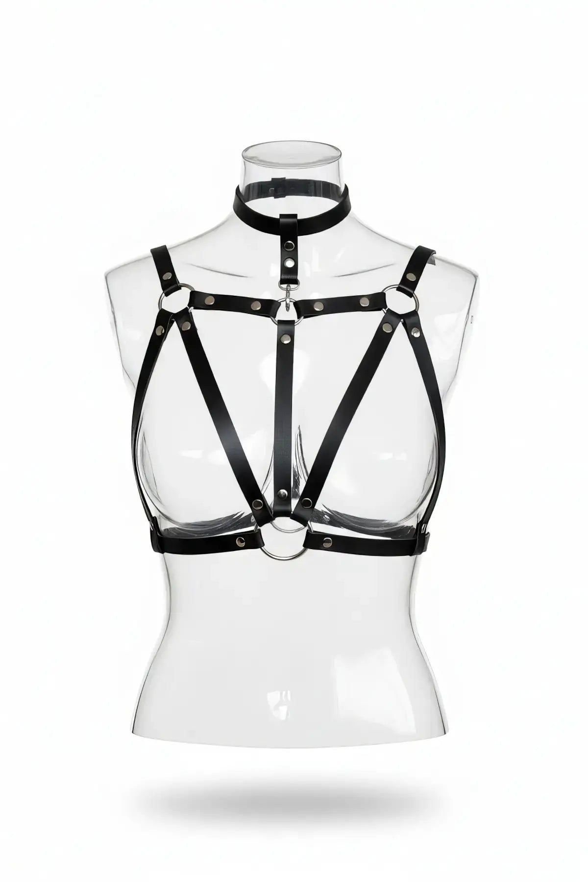Plus size black choker bralette cage harness vegan leather with metal rings on mannequin