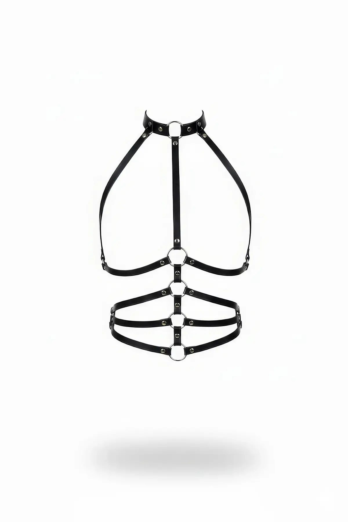 Plus-size black choker bralette and multi-band underbust harness in vegan leather by HarnessClub