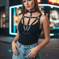 Plus Size Black Choker Bralette V-Cross Body Harness in vegan leather