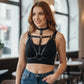 Plus-size black choker bralette with V-cross vegan leather body harness by HarnessClub
