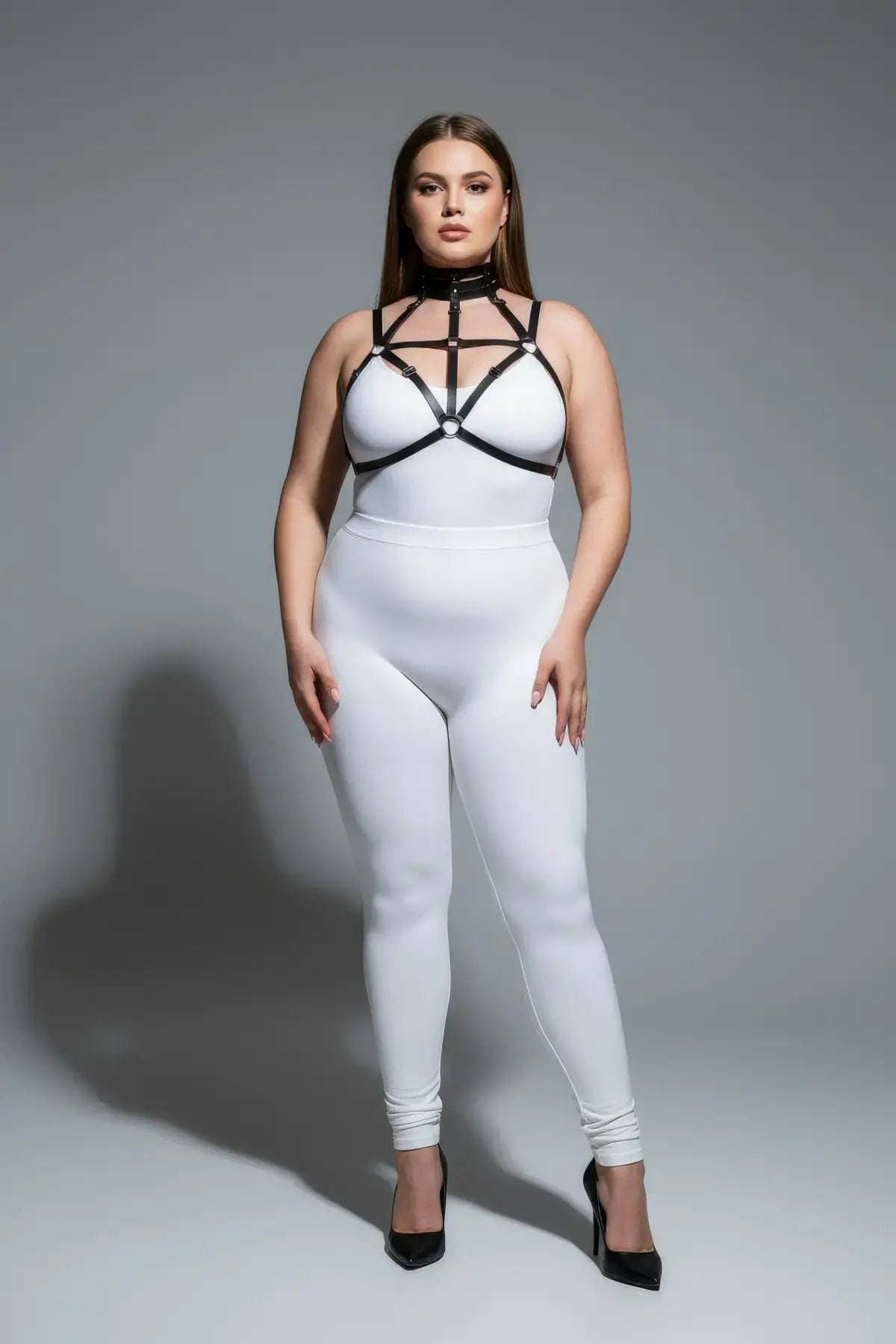 Plus-size black elastic choker-cage chest harness by HarnessClub