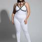 Plus size black choker-cage elastic chest harness worn over a white bodysuit.