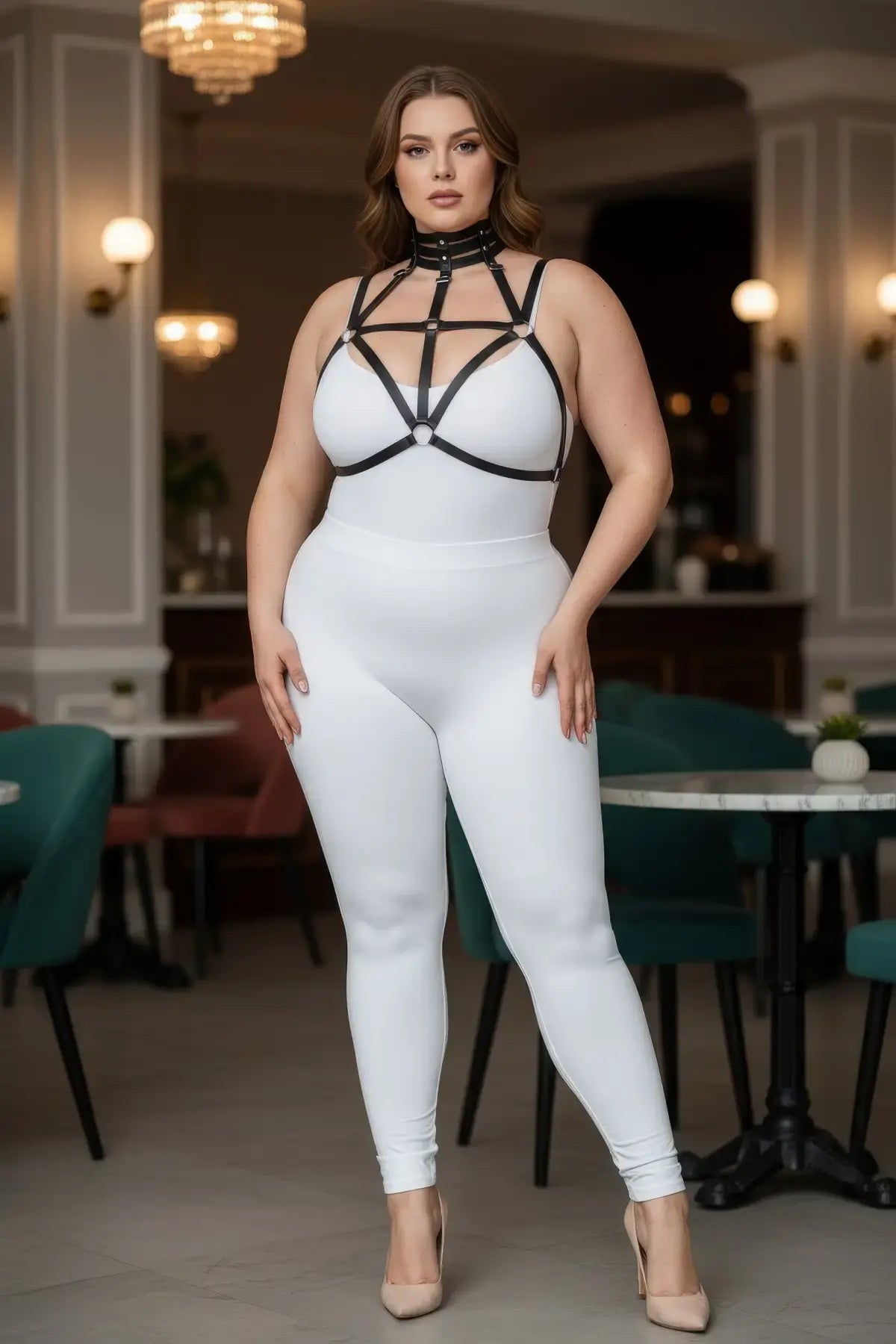 HarnessClub Plus-Size Black Choker-Cage Elastic Chest Harness worn over a white bodysuit