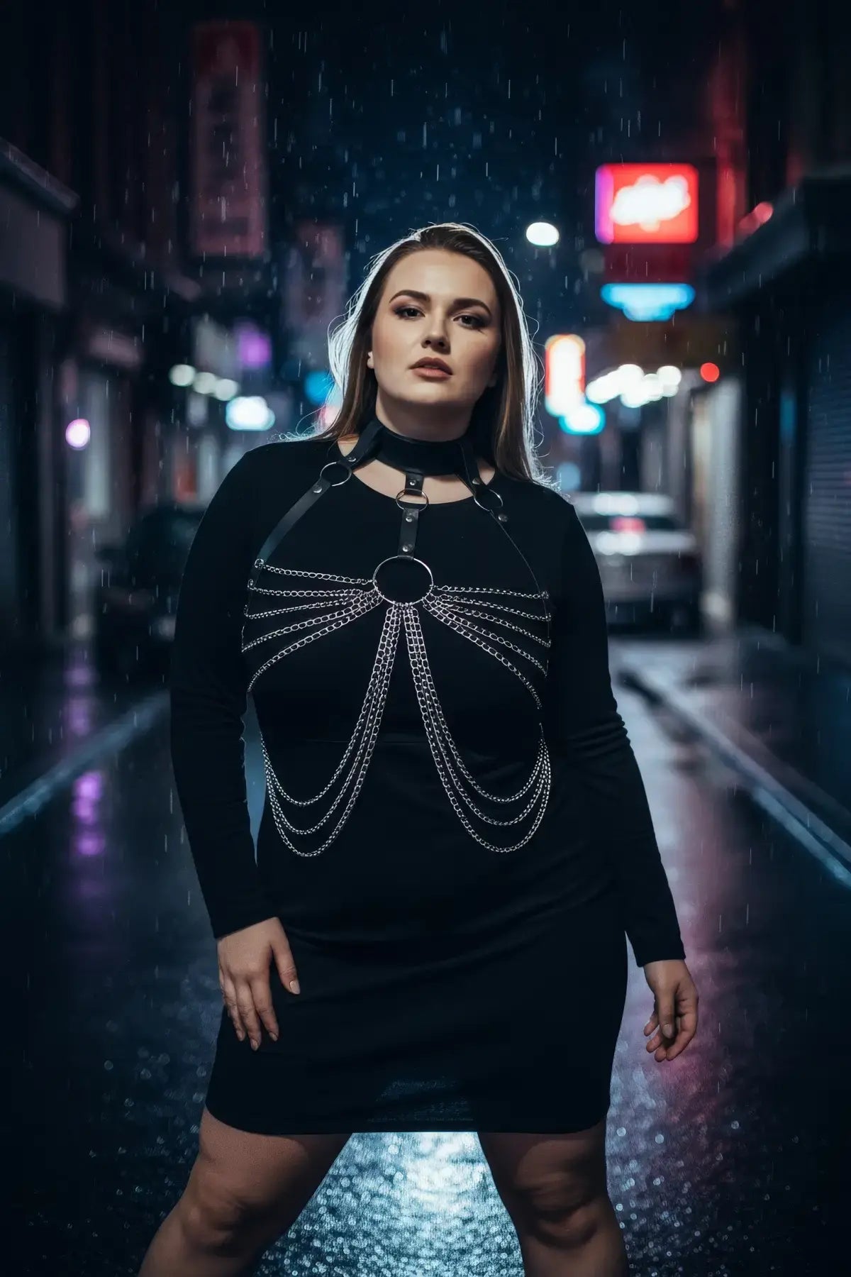 Plus-size black vegan-leather choker chain bib harness with silver chain drape across the chest.