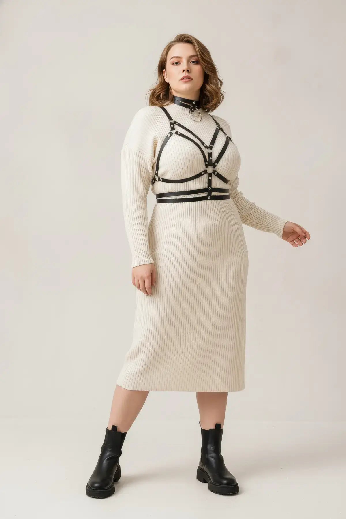 Plus Size Black Choker Full Body Harness by HarnessClub with vegan leather straps over cream knit dress