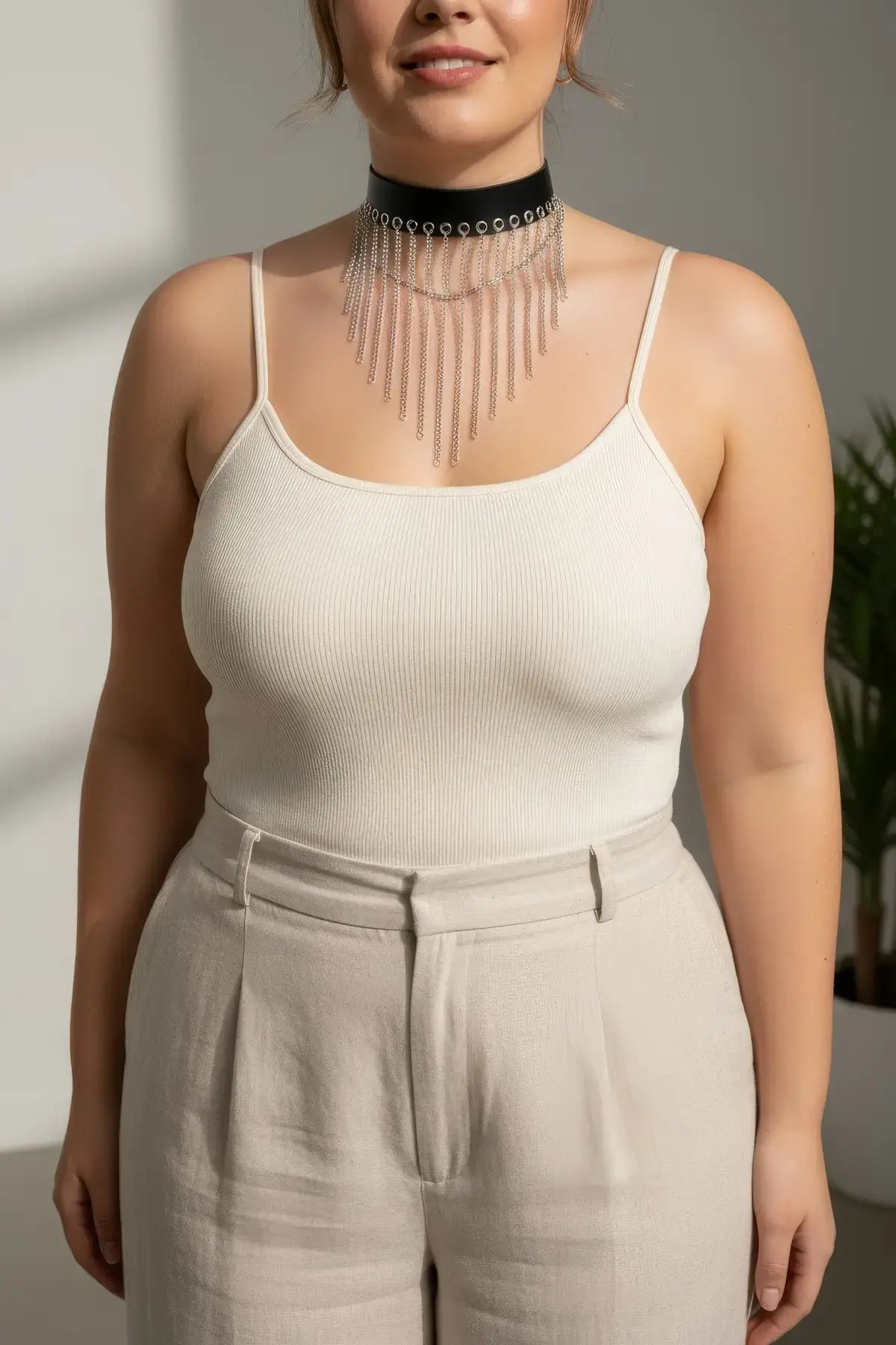 Plus-size black vegan-leather choker with cascading silver chain fringe bib.
