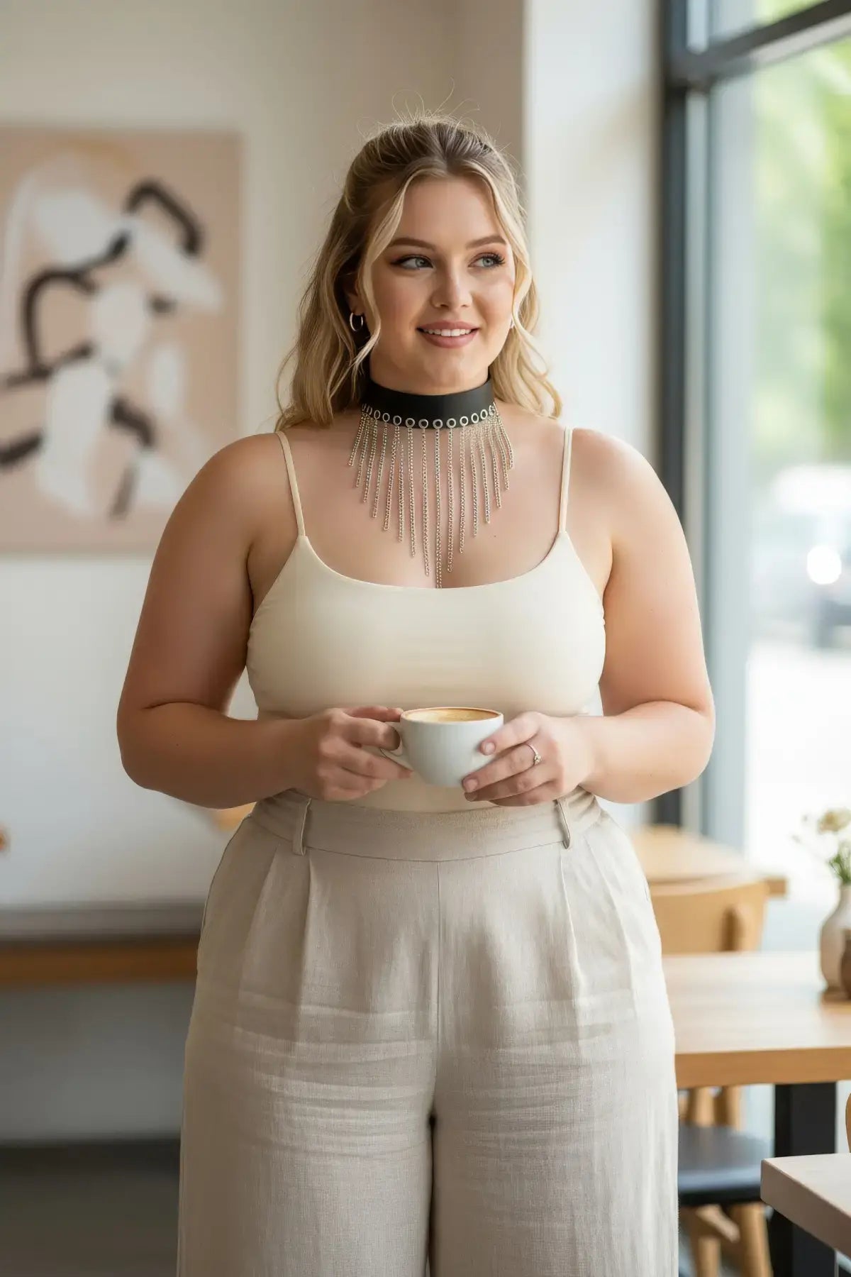 Plus Size Black vegan leather choker with silver chain fringe bib by HarnessClub.