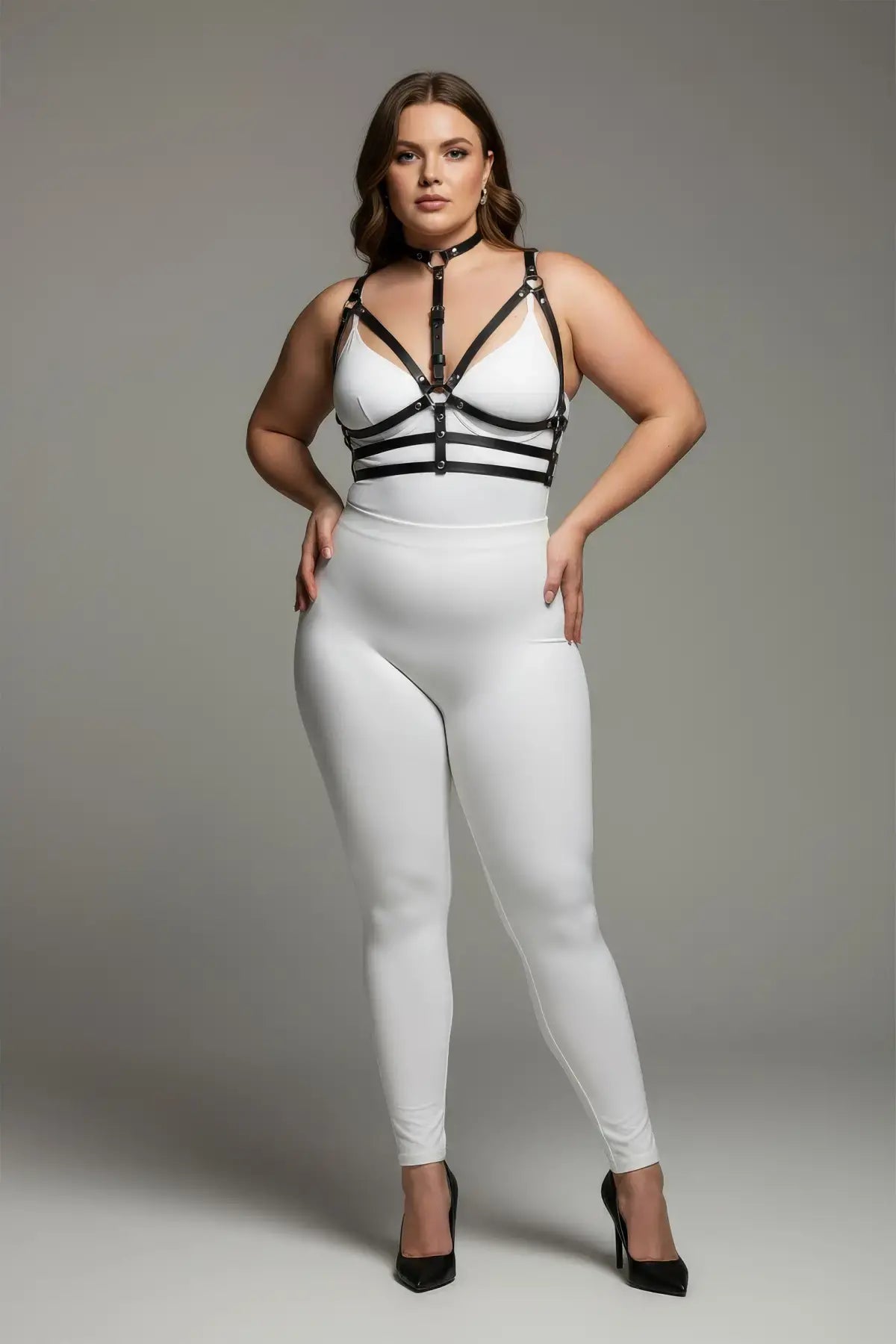 Plus Size Black Collar and O-Ring Faux Leather Harness Set by HarnessClub