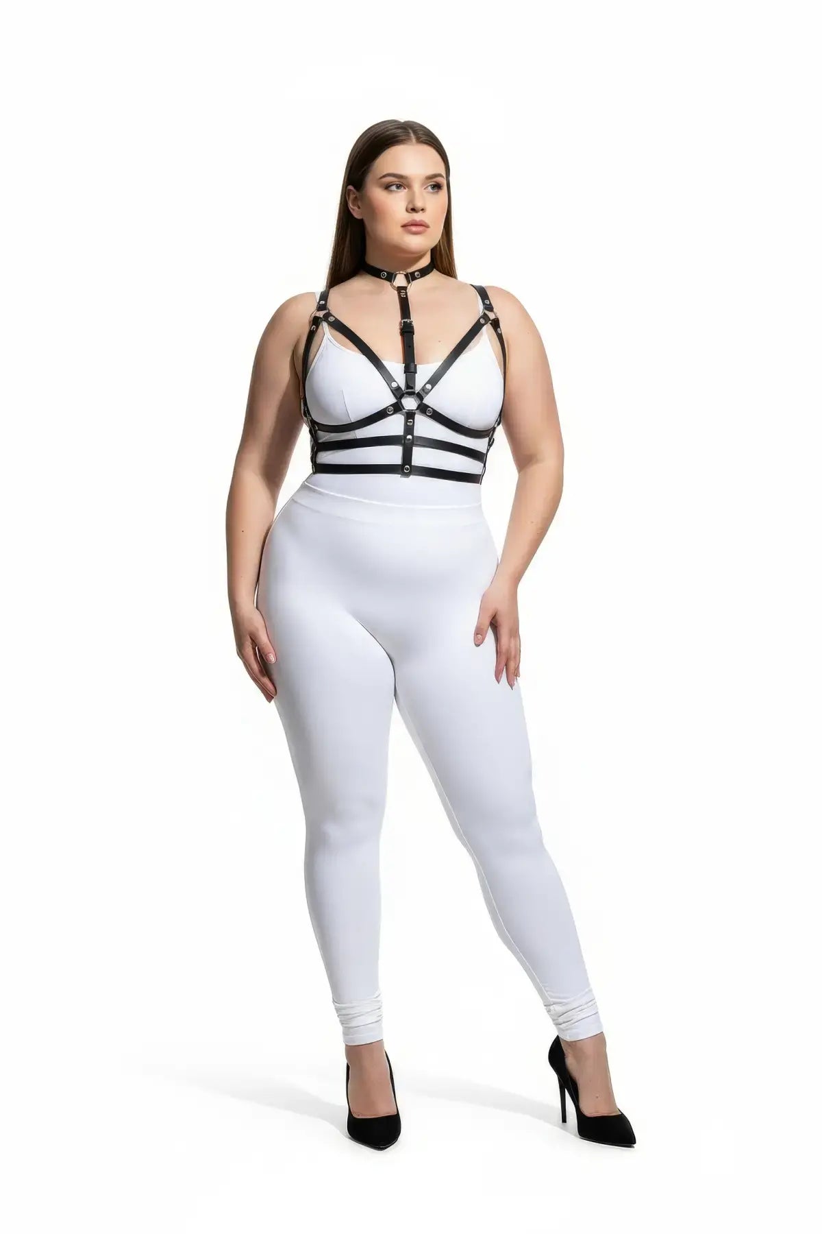 HarnessClub plus-size black faux-leather collar and O-ring harness set