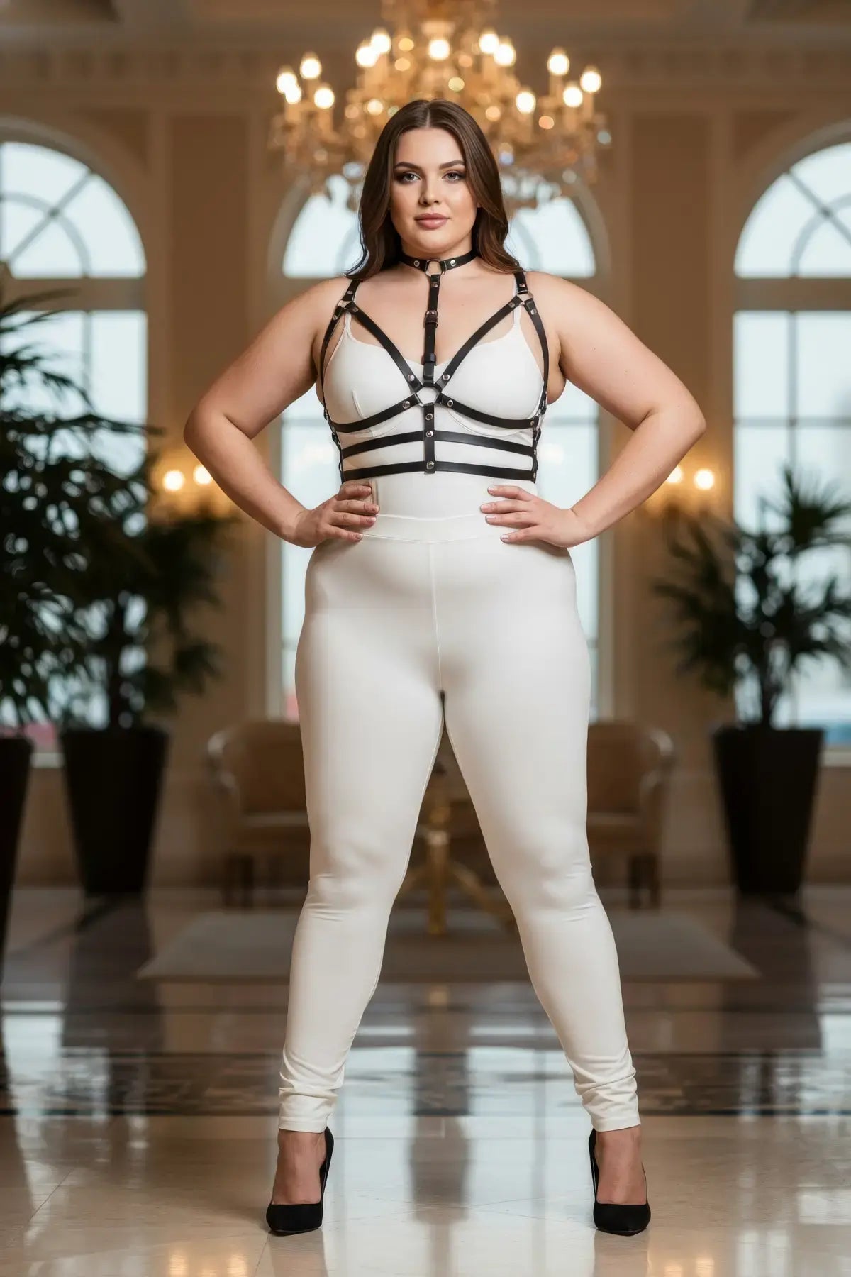 Plus-size black faux-leather harness with collar and O-ring straps worn by model in a white bodysuit
