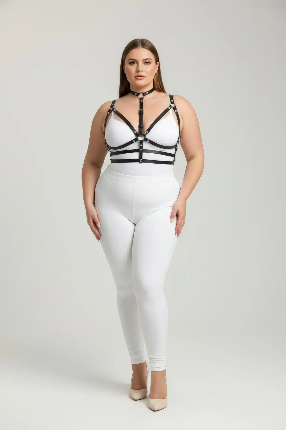 Plus-size black collar and O-ring faux leather harness set by HarnessClub
