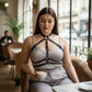 HarnessClub plus-size black vegan leather chest harness with choker and cross straps