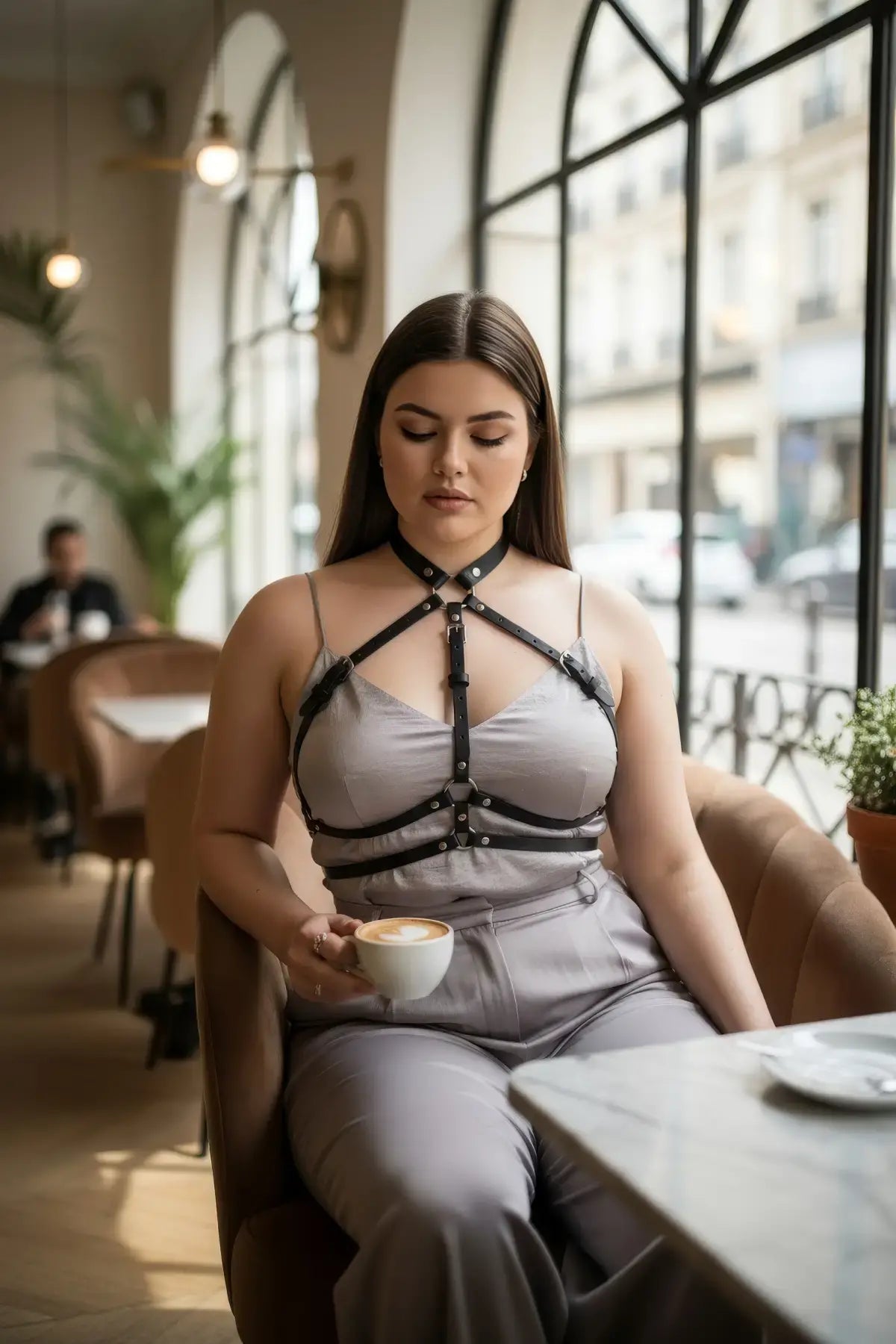 HarnessClub plus-size black vegan leather chest harness with choker and cross straps