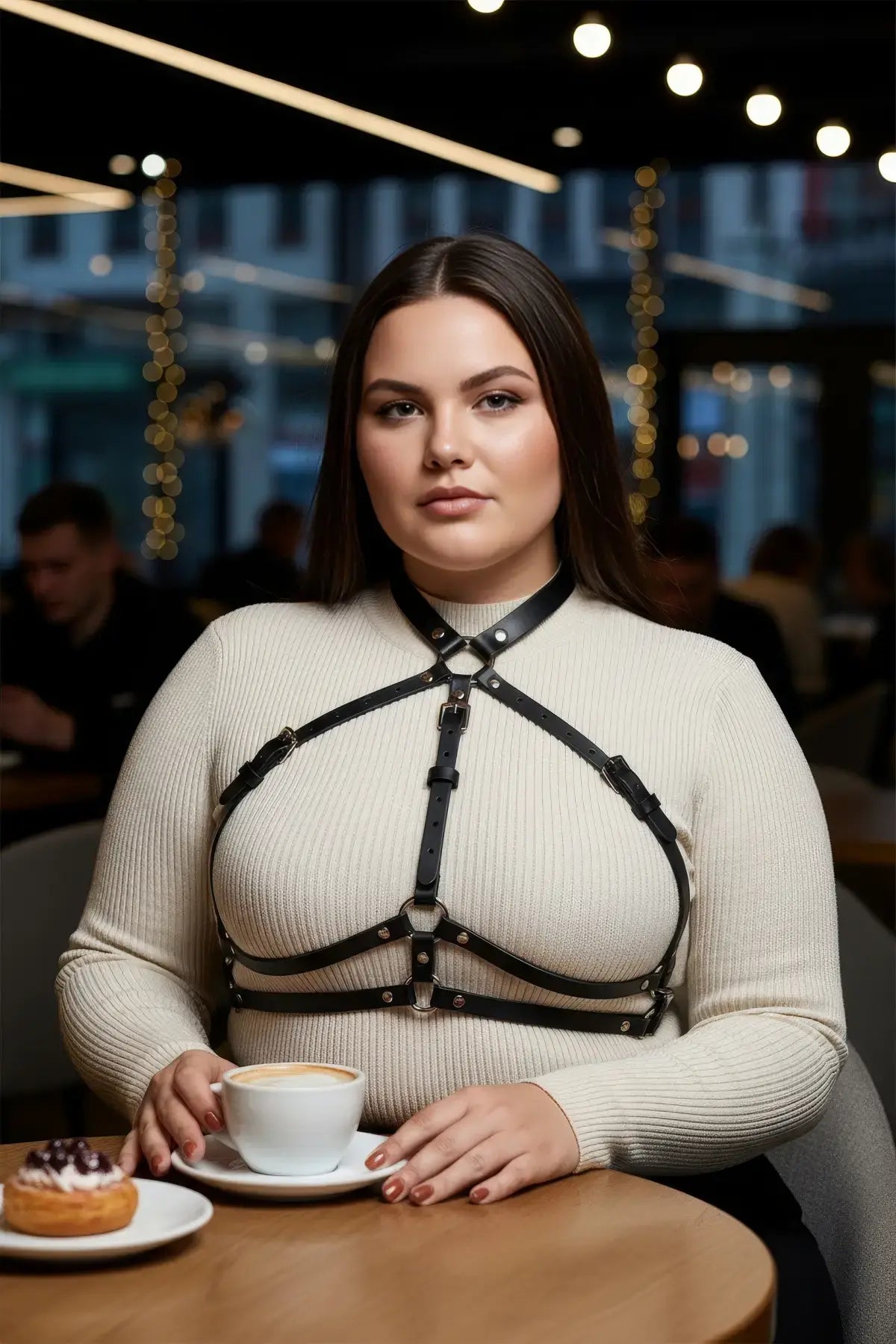 Plus Size Black Collar Chest Harness by HarnessClub; vegan leather straps worn over a beige sweater.