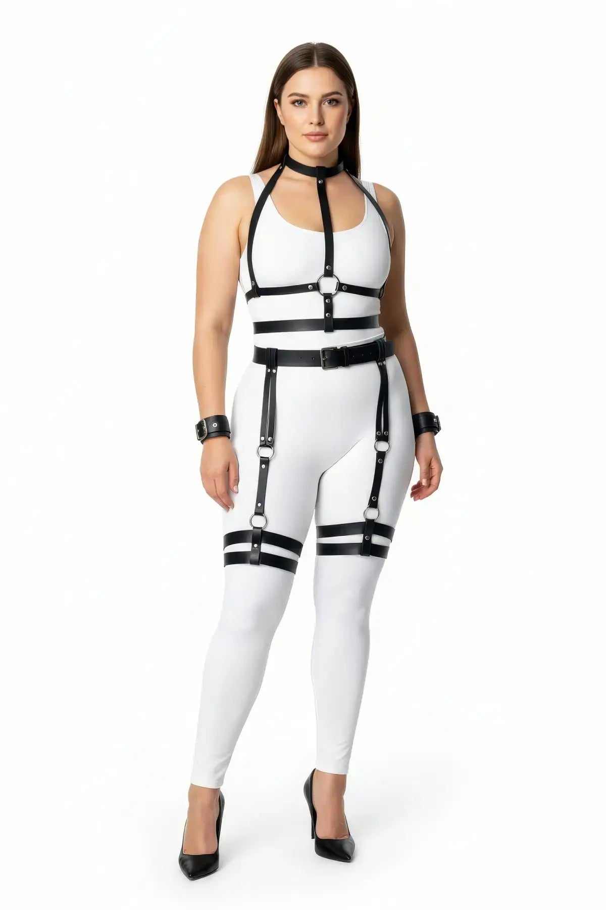 Plus-size black vegan leather four-piece collar, cuffs, waist straps and garter full-body harness set by HarnessClub.