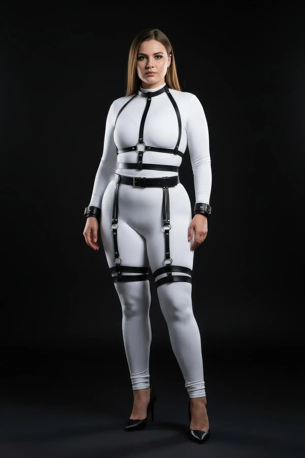 HarnessClub plus-size full-body black vegan leather harness set on white bodysuit, with collar, cuffs and garter straps.
