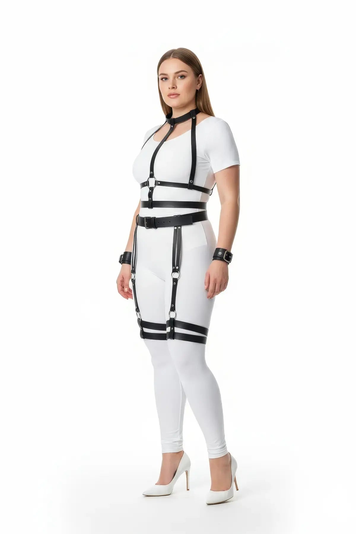 Plus Size Black Collar, Cuff & Garter Full Body Harness Set in black vegan leather worn by model