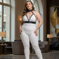 Plus-size black faux-leather collar-detail harness set on a model wearing a white bodysuit.
