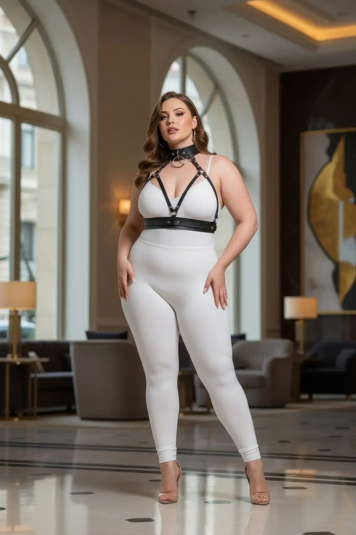 Plus-size black faux-leather collar-detail harness set on a model wearing a white bodysuit.