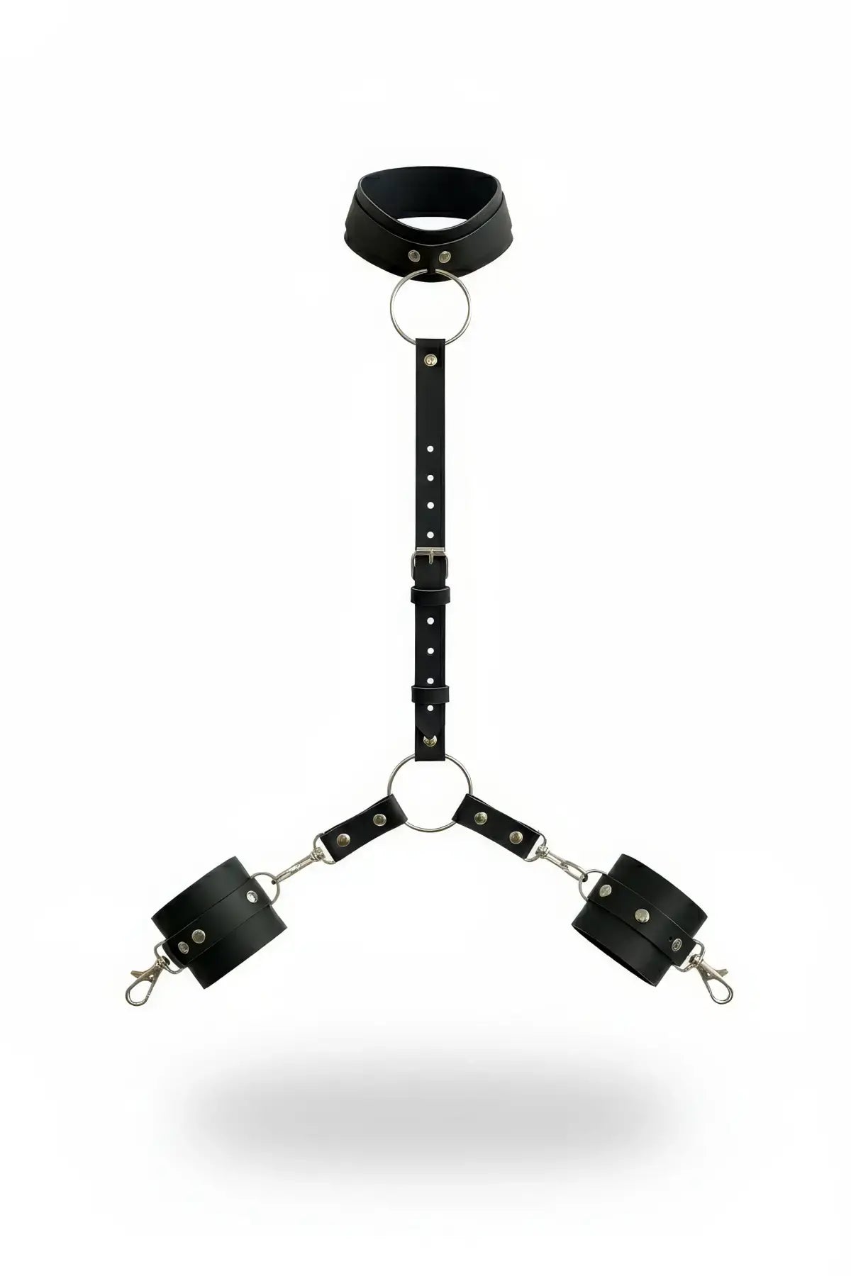 Plus-size black vegan-leather collar with linked cuffs harness set by HarnessClub, adjustable strap, metal rings.