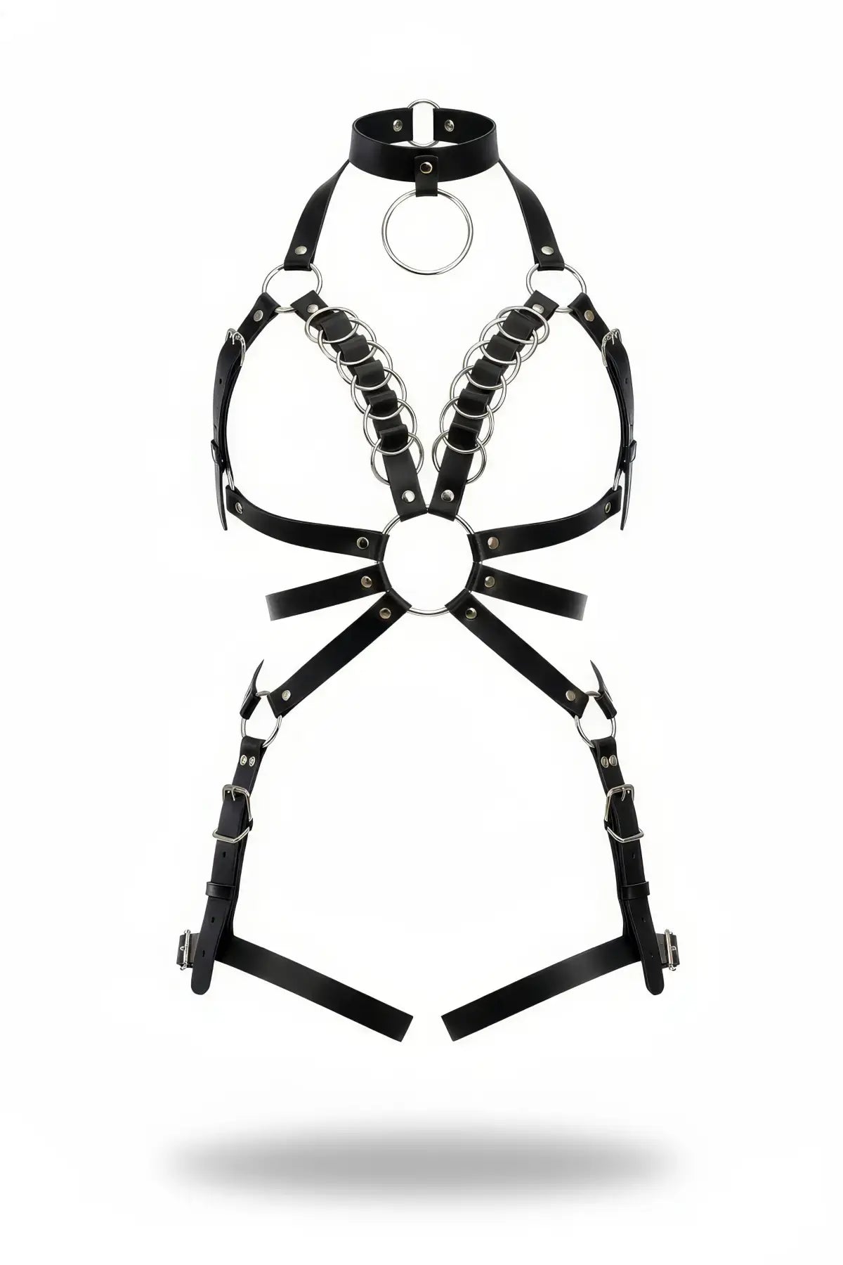 Plus-size black vegan-leather full-body harness with ring details and collar by HarnessClub