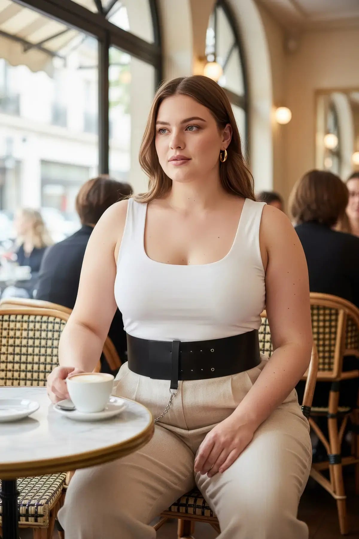 Plus-size black corset belt with chain detail worn over a white sleeveless top
