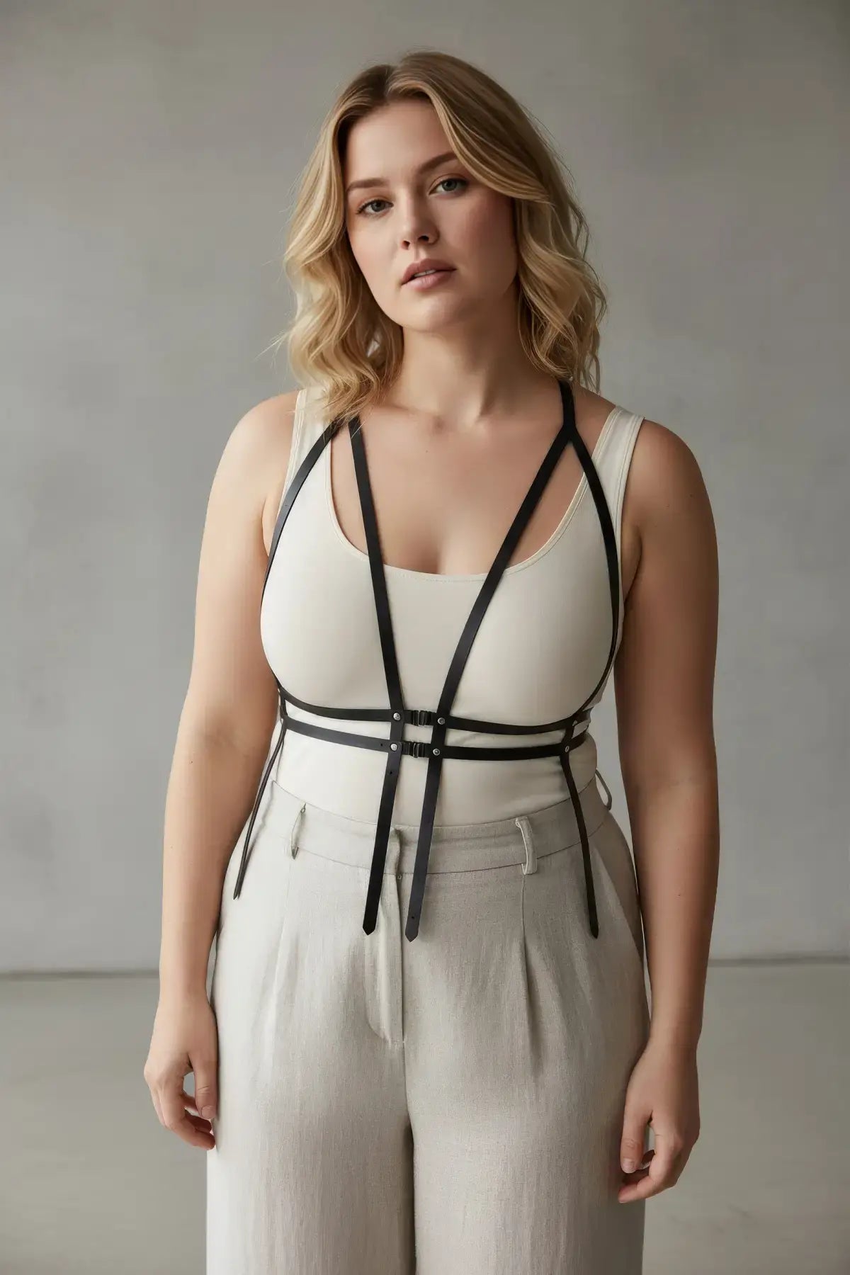Plus Size Black Corset Body Harness by HarnessClub worn over a cream tank top