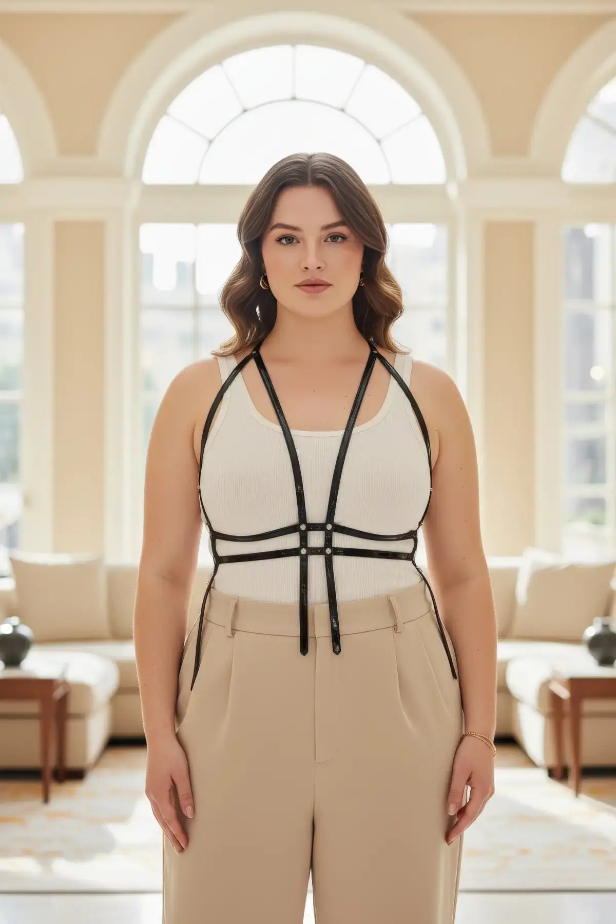 Plus Size Black Corset Body Harness by HarnessClub worn over a white tank top