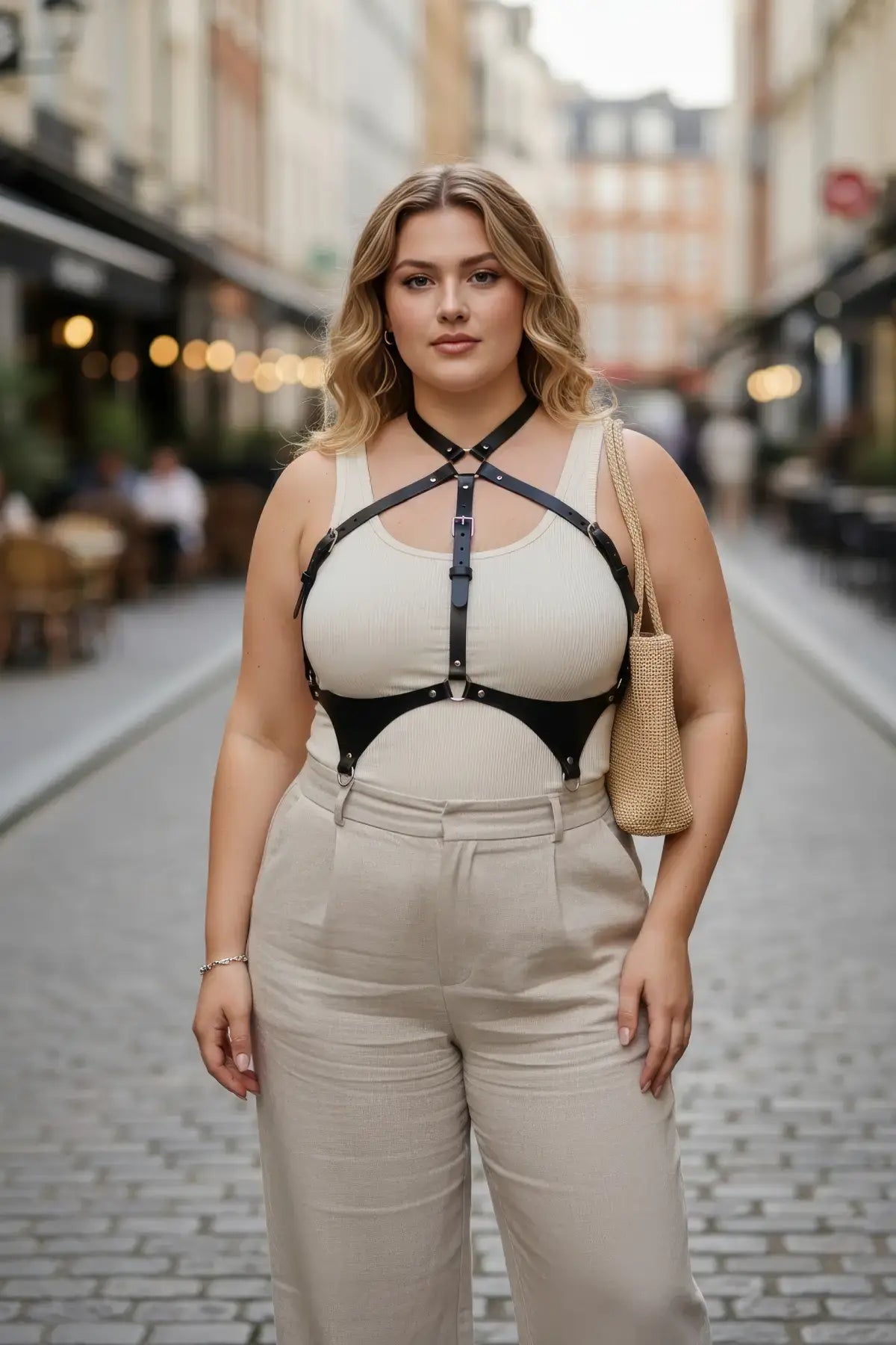 HarnessClub plus-size black leather corset-style body harness worn over a beige top.