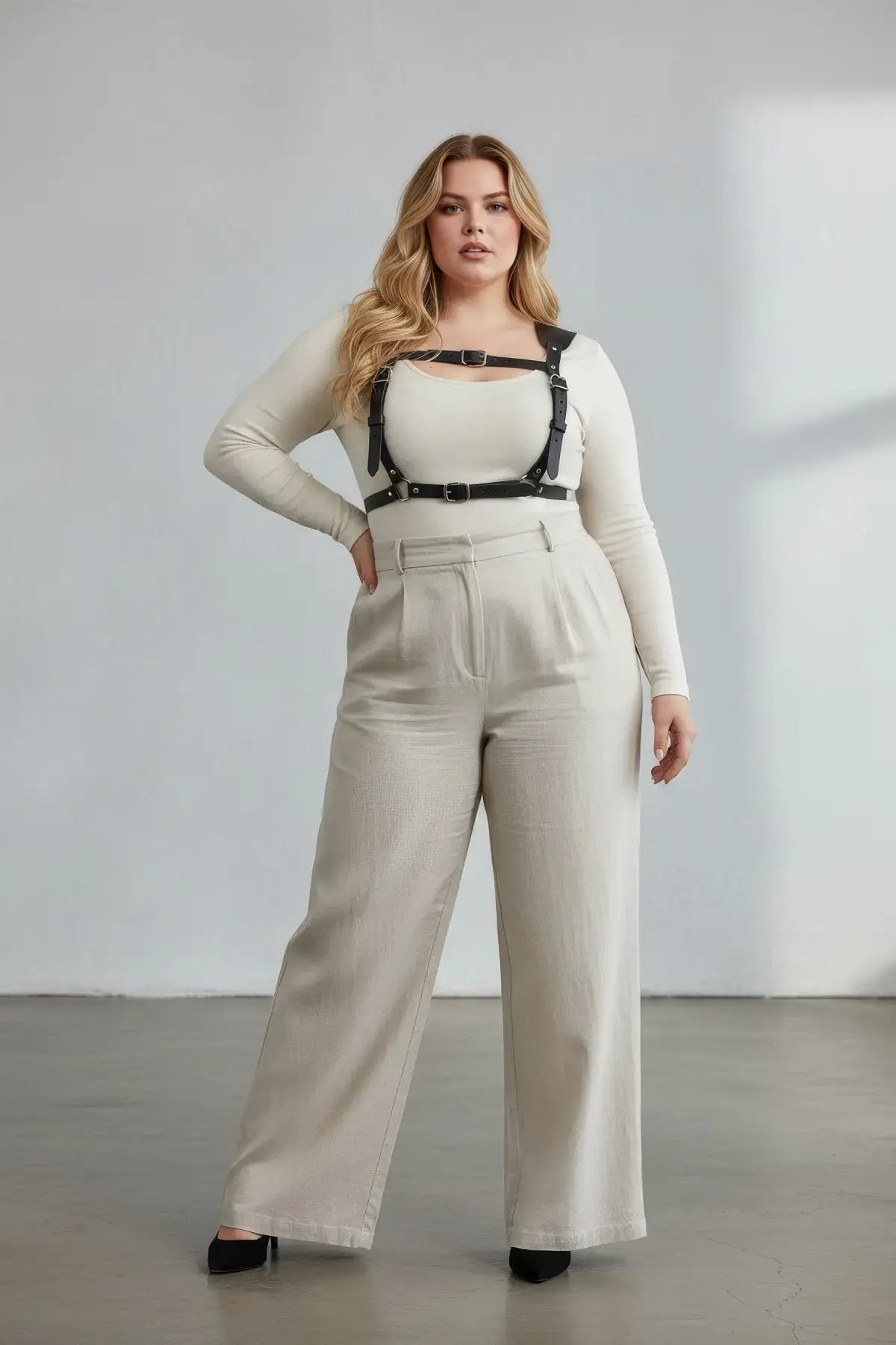 Plus Size Black Corset-Style Leather Body Harness worn over a white top