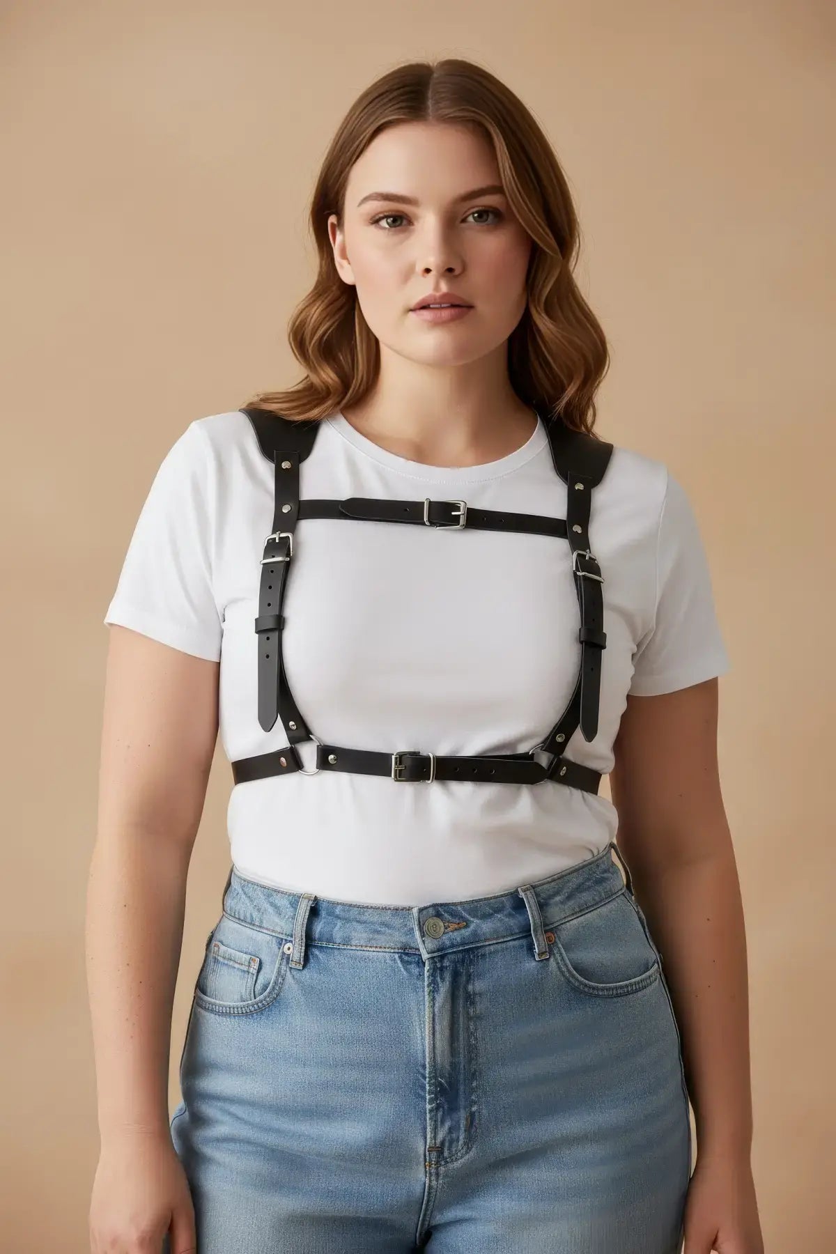Plus size black leather corset-style body harness by HarnessClub, worn over a white T-shirt.