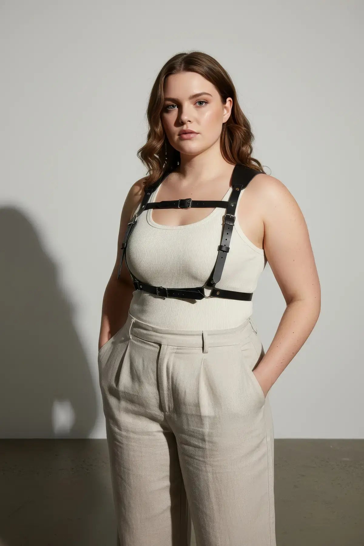 Plus-size black leather corset-style body harness by HarnessClub worn over a white ribbed tank top