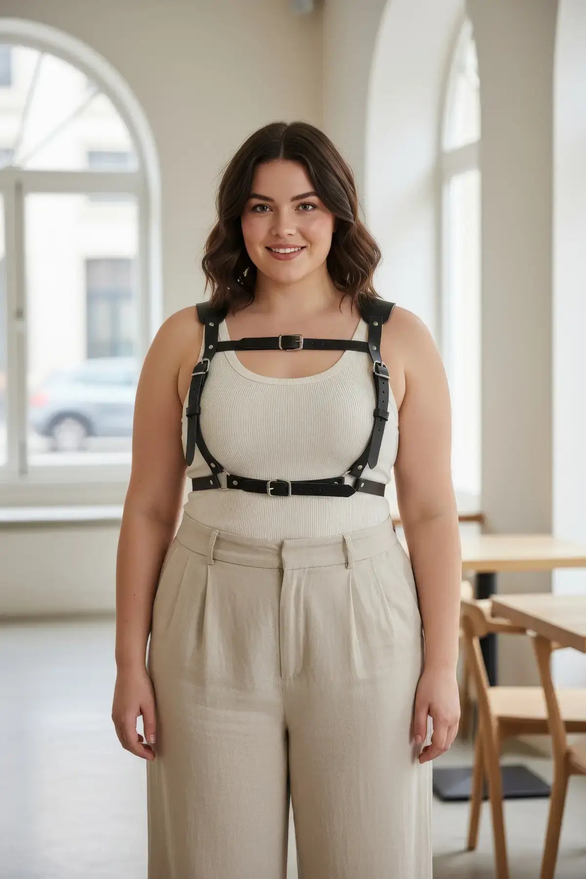 Plus size black corset-style leather body harness worn by a woman over a beige top, featuring shoulder and waist straps.