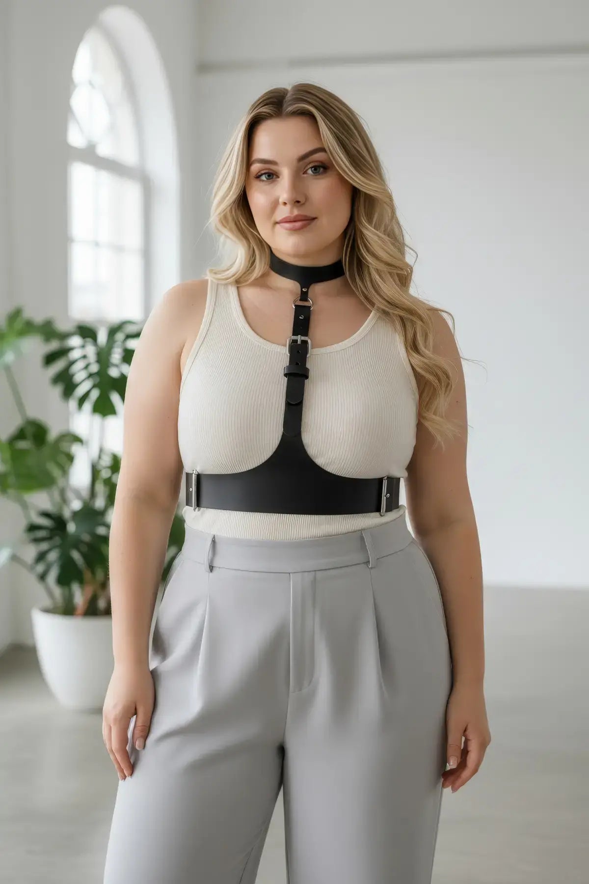 Plus-size black leather corset-style harness on model featuring neck collar and waist belt.