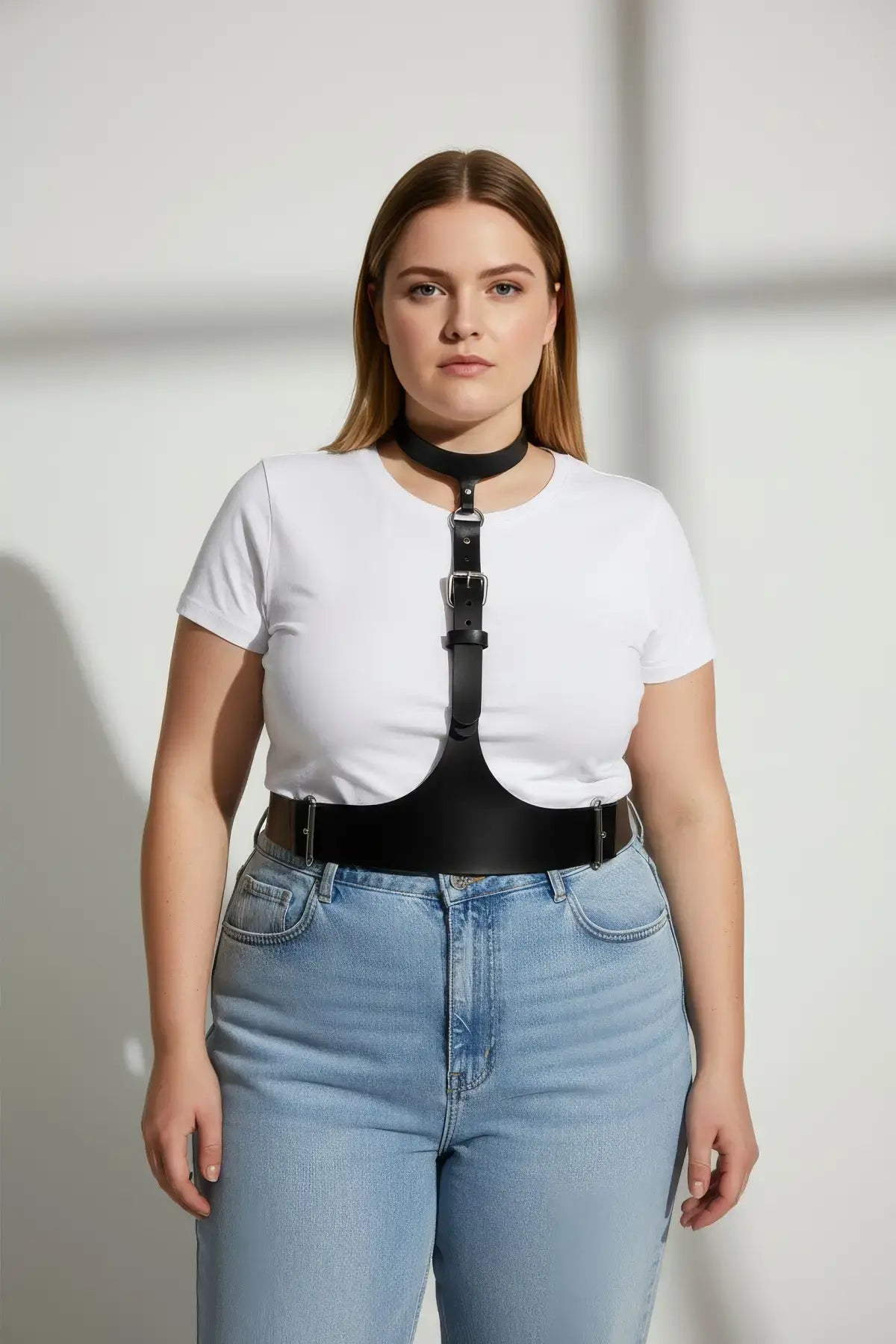 Plus size black leather corset-style harness with neck choker and front buckles.