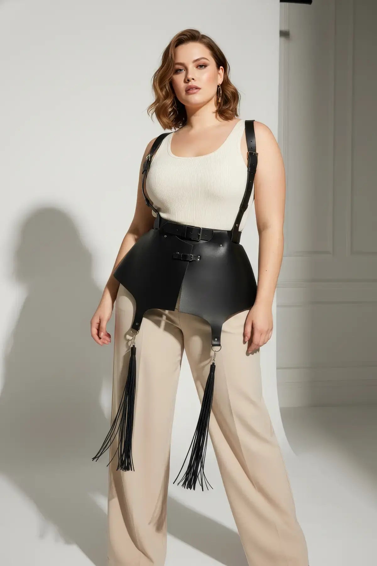 Plus Size Black Corset Suspender Harness with Tassels by HarnessClub, vegan leather