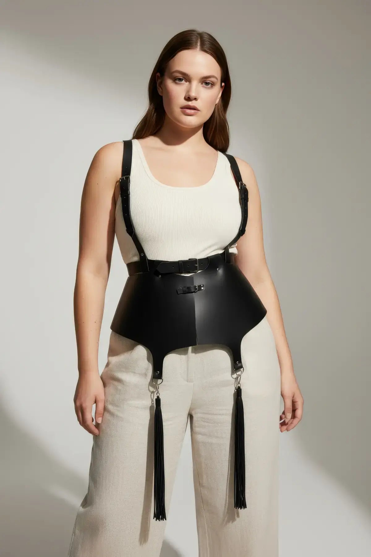 Plus size black vegan-leather corset suspender harness with tassels worn over a white top